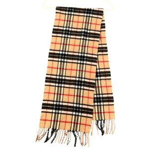 Lochmere Cashmere Scarf Mens Tan Red Plaid Fringed Winter 64" 11.5" wide